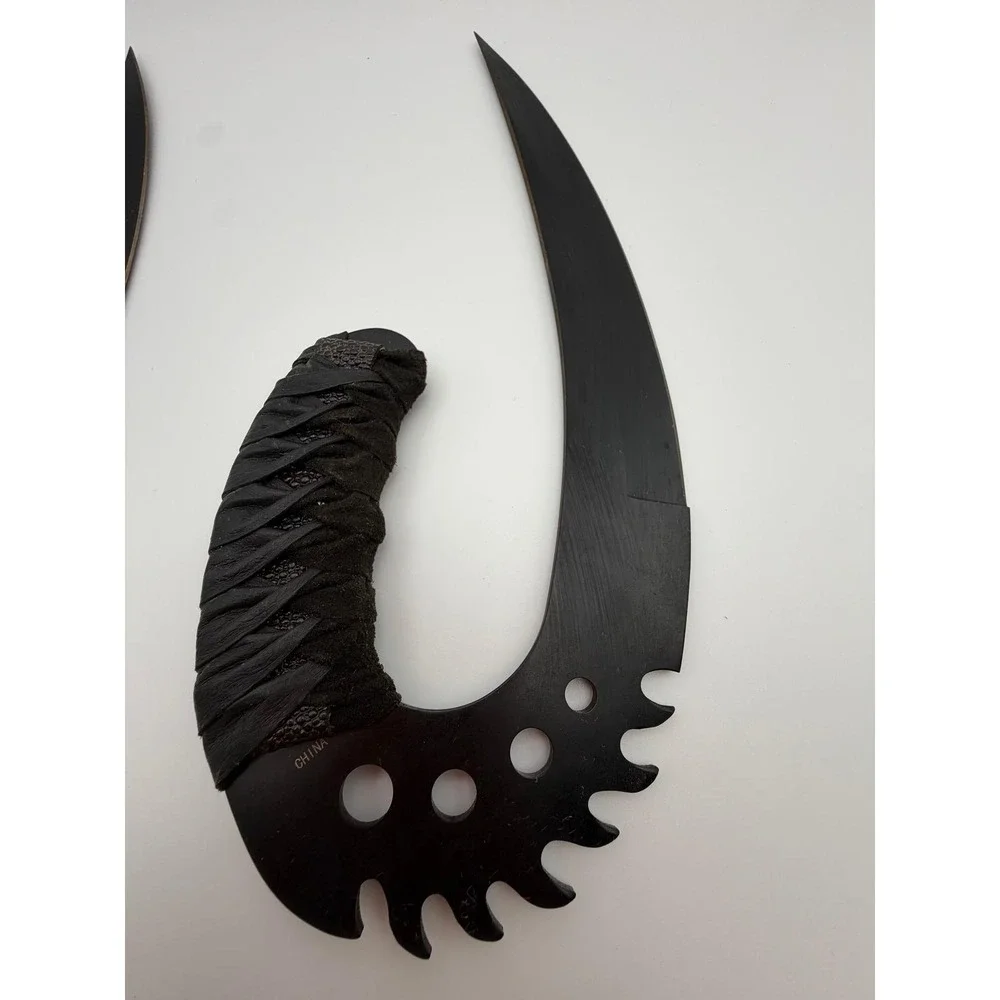 Dual Fantasy Hook Blades Matte Black Serrated Curved Tactical Display Knives Set